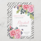 Chic Gray Zebra Print Pink Roses Brautparty Einladung (Vorne/Hinten)