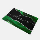 Chic Green Agate Silver Glitzer Script Willkommen Fußmatte (Schrägansicht)