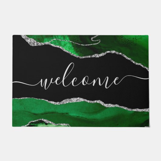 Chic Green Agate Silver Glitzer Script Willkommen Fußmatte (Vorderseite)