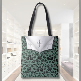 Chic Green and Black Rose Monogram Tote Bag Tasche
