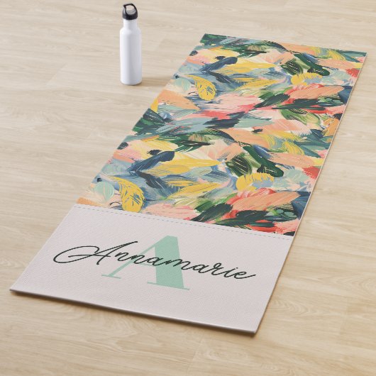 Chic Green and Pink Abstrakt Floral Name Monogram Yogamatte (Beispiel)