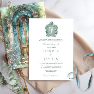 Chic Green, Aquamarin, Blue Watercolor Monogram We Einladung