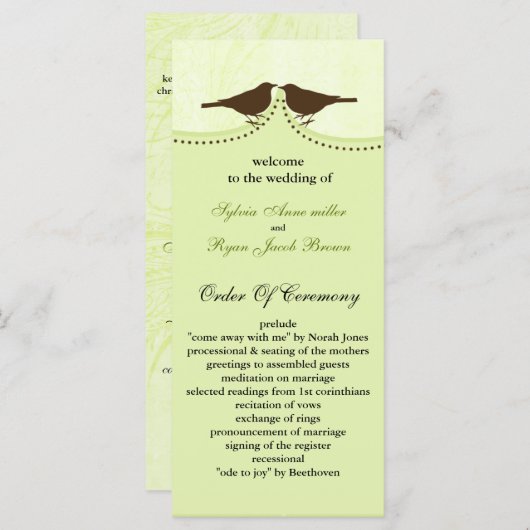 Chic green bird cage, love birds Hochzeitsprogramm Programm (Vorne/Hinten)