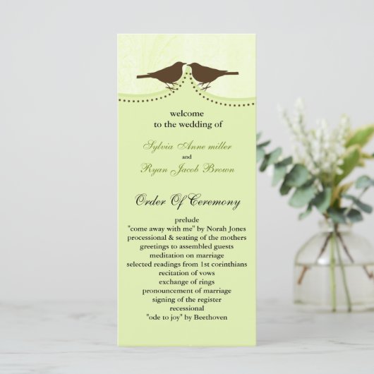 Chic green bird cage, love birds Hochzeitsprogramm Programm (Stehend Vorderseite)