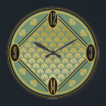Chic Green & Black Art Deco Lüftermuster Monogramm Große Wanduhr<br><div class="desc">Eine Wanduhr aus atemberaubendem Deko mit Fächerdekor in typischen Stilgold-,  Smaragd- und Schwarzfarben. Sie können das Monogramm leicht personalisieren,  das die 6 auf dem Rad elegant ersetzt,  je nach Bedarf. Ein originelles Design,  das exklusiv bei ©Oh_Nostalgia online shop erhältlich ist. Alle Rechte vorbehalten.</div>
