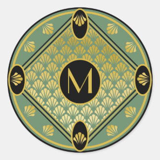 Chic Green & Black Art Deco Lüftermuster Monogramm Runder Aufkleber