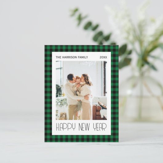 Chic Green Black Gingham Kariertes New Year Foto Postkarte (Stehend Vorderseite)