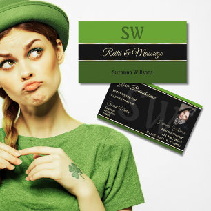Chic Green Borders on Black mit Monogram Foto Visitenkarte