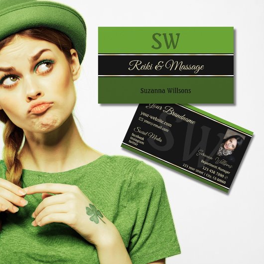 Chic Green Borders on Black mit Monogram Foto Visitenkarte