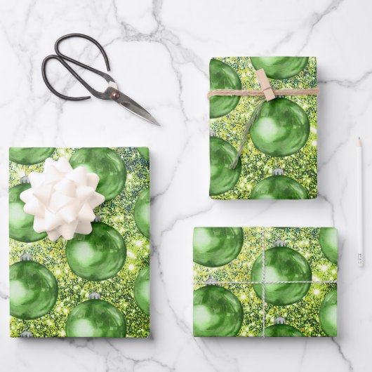 Chic Green Christmas Balls Glitzer Glitzern Geschenkpapier Set (Vorderseite)