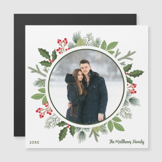 Chic Green Christmas Wreath Foto Magnet Card (Vorne/Hinten)