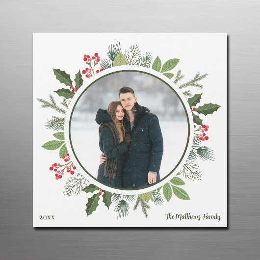 Chic Green Christmas Wreath Foto Magnet Card