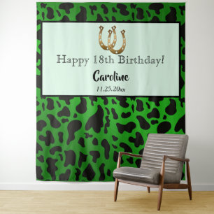 Chic Green, Cow Spots & Gold Horseshoe Geburtstag Wandteppich