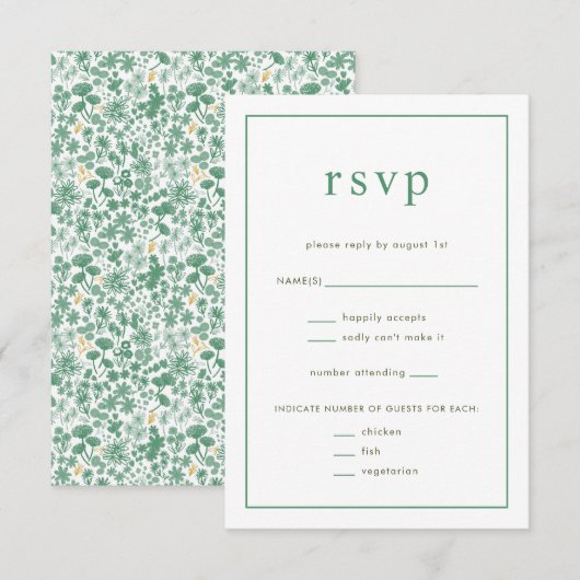 Chic Green Ditzy Floral Wedding RSVP Card Karte (Vorne/Hinten)