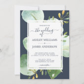 Chic Green Eucalyptus Navy Blue Botanical Wedding Einladung (Vorderseite)