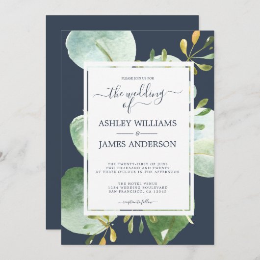Chic Green Eucalyptus Navy Blue Botanical Wedding Einladung (Vorne/Hinten)