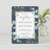 Chic Green Eucalyptus Navy Blue Botanical Wedding Einladung (Stehend Vorderseite)