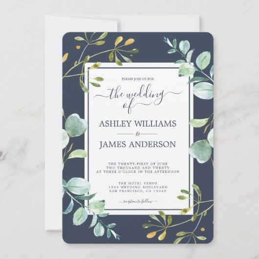 Chic Green Eucalyptus Navy Blue Botanical Wedding Einladung (Vorderseite)