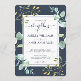 Chic Green Eucalyptus Navy Blue Botanical Wedding Einladung