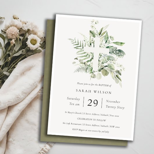 Chic Green Eukalyptus Fern Foliage Cross Baptisse Einladung