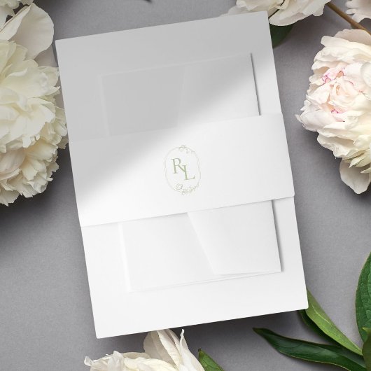 Chic Green Floral Frame Monogram Wedding Envelope Einladungsbanderole