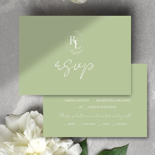 Chic Green Floral Frame Wedding RSVP Karte