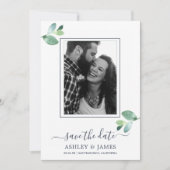Chic Green Foliage Dark Blue Foto Save the Date Einladung (Vorderseite)