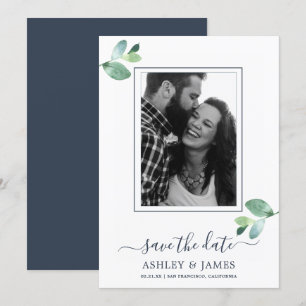 Chic Green Foliage Dark Blue Foto Save the Date Einladung