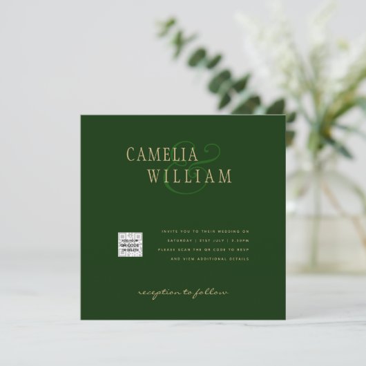Chic Green Foto Wedding Invite QR Code Rett Datum (Stehend Vorderseite)