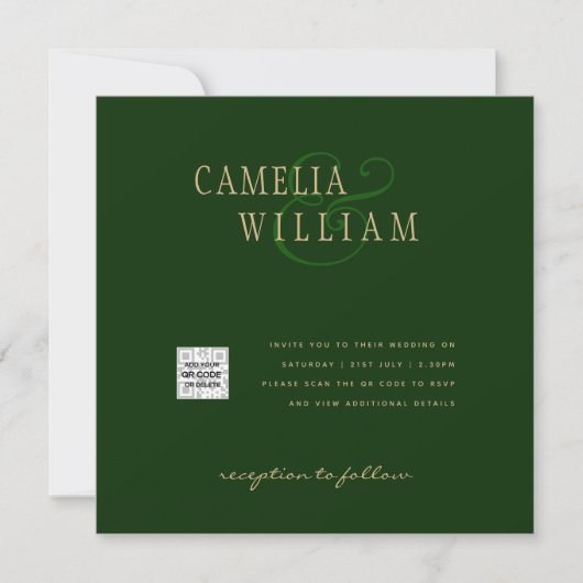 Chic Green Foto Wedding Invite QR Code Rett Datum (Vorderseite)