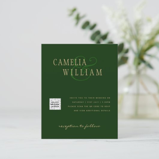 Chic Green Foto Wedding Invite QR Code Rett Datum (Stehend Vorderseite)