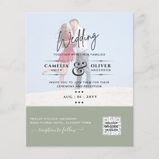 Chic Green Foto Wedding Invite QR Code Rett Datum Flyer (Vorne)