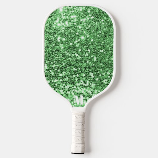 Chic Green Glittery Glitzern Moderne Monogram Pickleball Schläger (Rückseite)