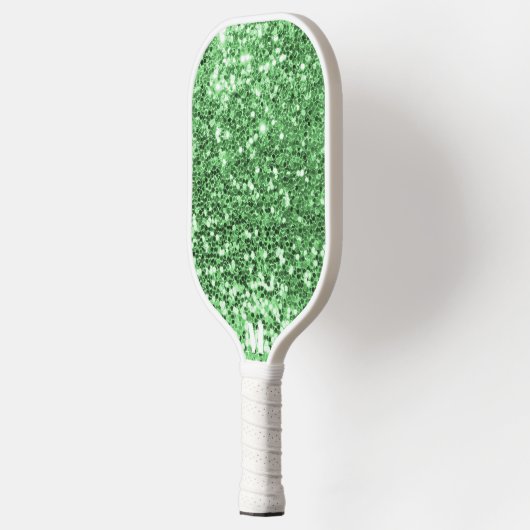 Chic Green Glittery Glitzern Moderne Monogram Pickleball Schläger (Links)