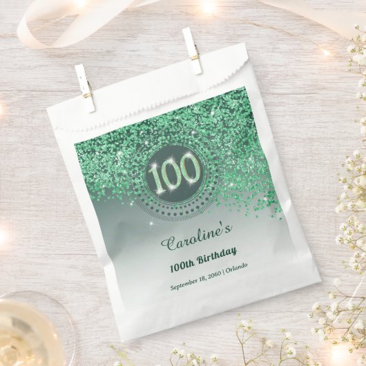 Chic Green Glitzer & Dotted Frame 100. Geburtstag Geschenktütchen (Ausgeschnitten)