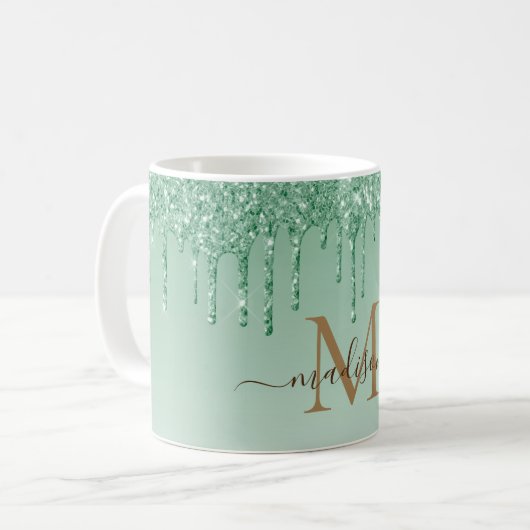 Chic green Glitzer Monogram Kaffeetasse (Vorderseite Links)