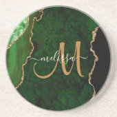 Chic Green Gold Agate Script Custom Monogram Getränkeuntersetzer (Vorne)