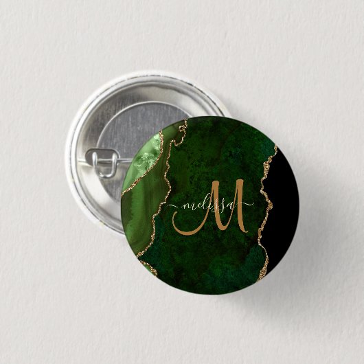 Chic Green Gold Glitzer Agate Custom Monogram Button (Vorne & Hinten)