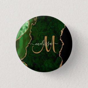 Chic Green Gold Glitzer Agate Custom Monogram Button