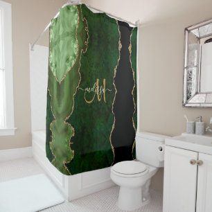 Chic Green Gold Glitzer Agate Custom Monogram Duschvorhang