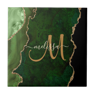 Chic Green Gold Glitzer Agate Custom Monogram Fliese
