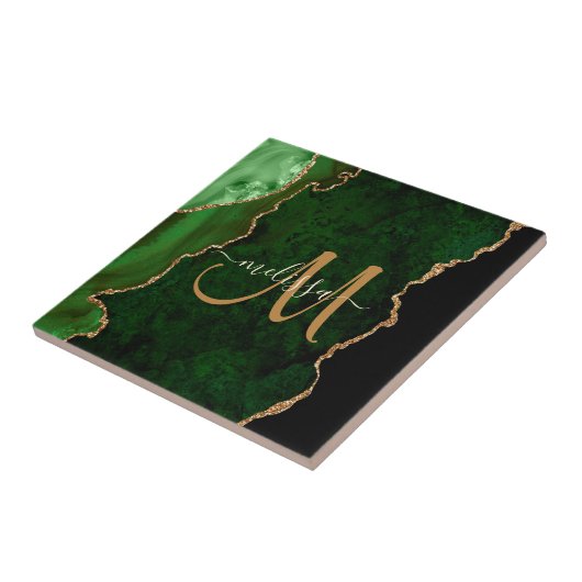 Chic Green Gold Glitzer Agate Custom Monogram Fliese (Seite)