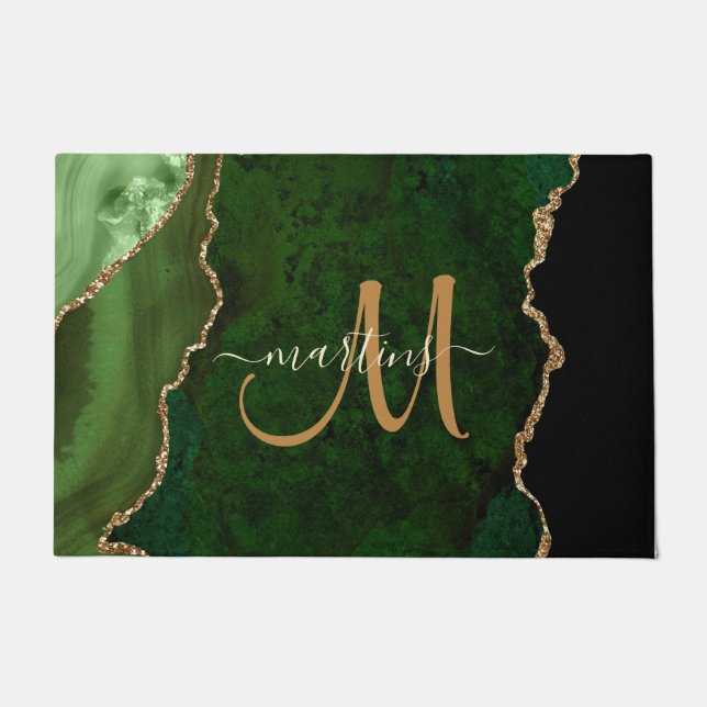 Chic Green Gold Glitzer Agate Custom Monogram Fußmatte (Vorderseite)