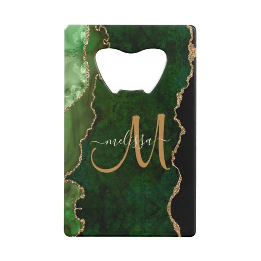 Chic Green Gold Glitzer Agate Custom Monogram Geldbeutel Flaschenöffner (Vorderseite)