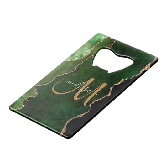 Chic Green Gold Glitzer Agate Custom Monogram Geldbeutel Flaschenöffner (Vorderseite Schrägansicht)