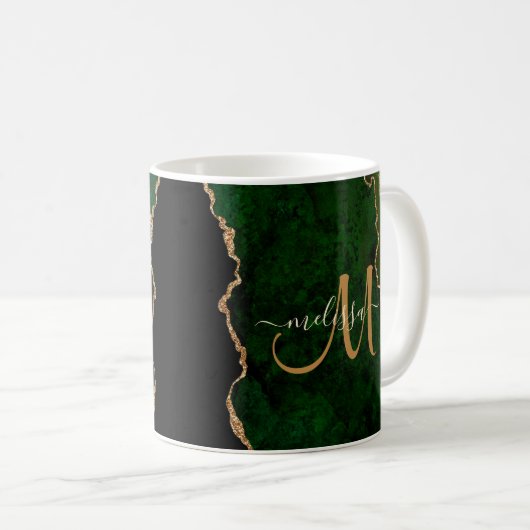 Chic Green Gold Glitzer Agate Custom Monogram Kaffeetasse (VorderseiteRechts)