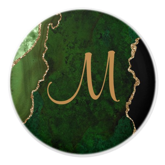 Chic Green Gold Glitzer Agate Custom Monogram Keramikknauf (Vorderseite)