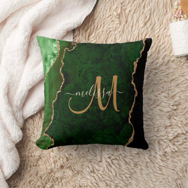 Chic Green Gold Glitzer Agate Custom Monogram Kissen (Decke)
