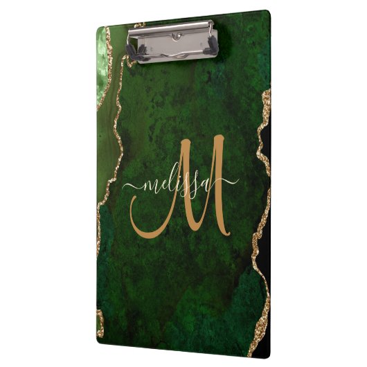 Chic Green Gold Glitzer Agate Custom Monogram Klemmbrett (Links)