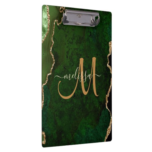 Chic Green Gold Glitzer Agate Custom Monogram Klemmbrett (Rechts)
